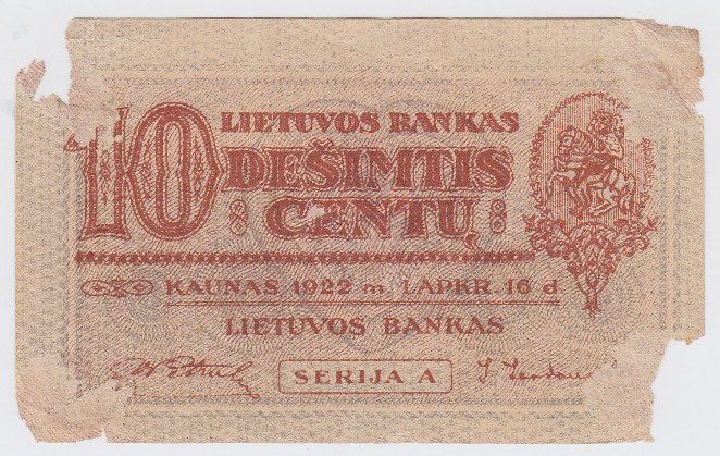 Banknotas. 10 centų. 1922 m. lapkričio 16 d. Lietuva