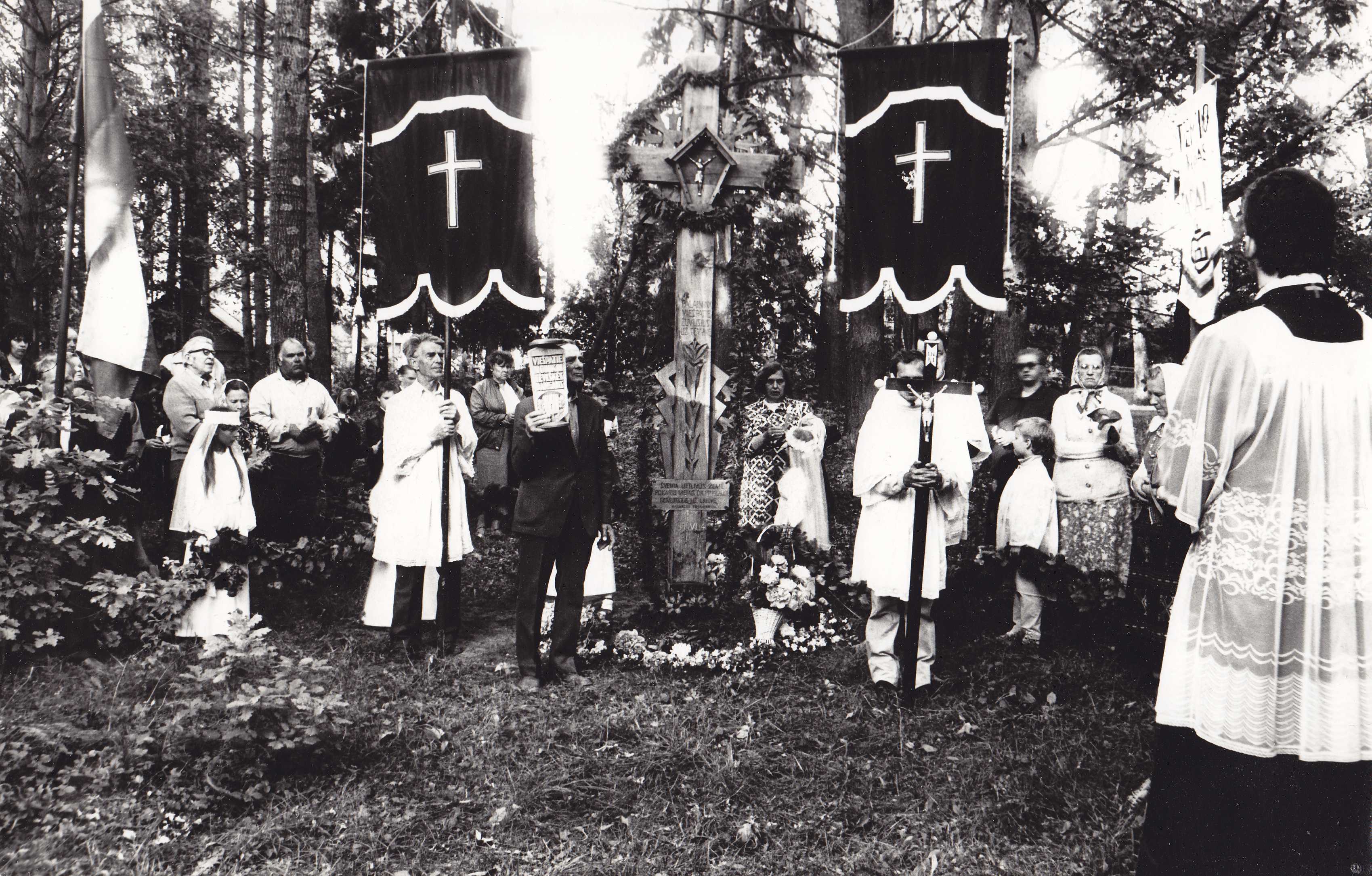 1989 metų birželio 14-oji Pasvalio parke. Kryžiaus partizanams atidengimas. Prie Lietuvos Respublikos valstybės vėliavos stovi tremtinys, fotografas, tautodailininkas Vilhelmas Janiselis