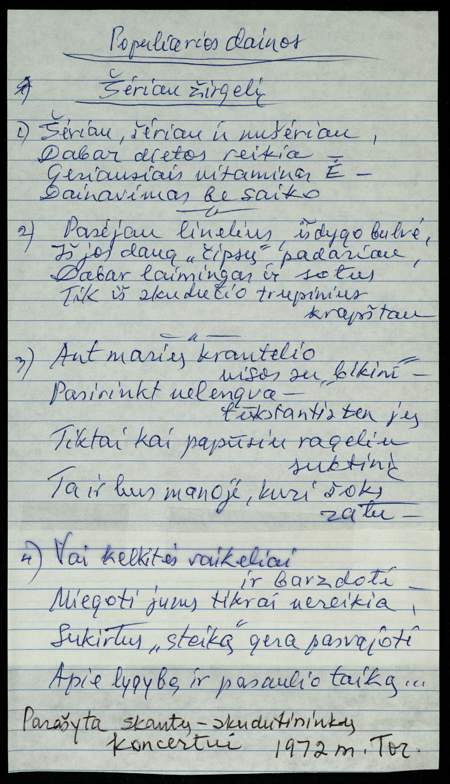 Rašytojo, savaitraščio „Tėviškės Žiburiai“ redaktoriaus Česlovo Senkevičiaus „Populiarios dainos. Šėriau žirgelį“. Torontas, 1972 m. 