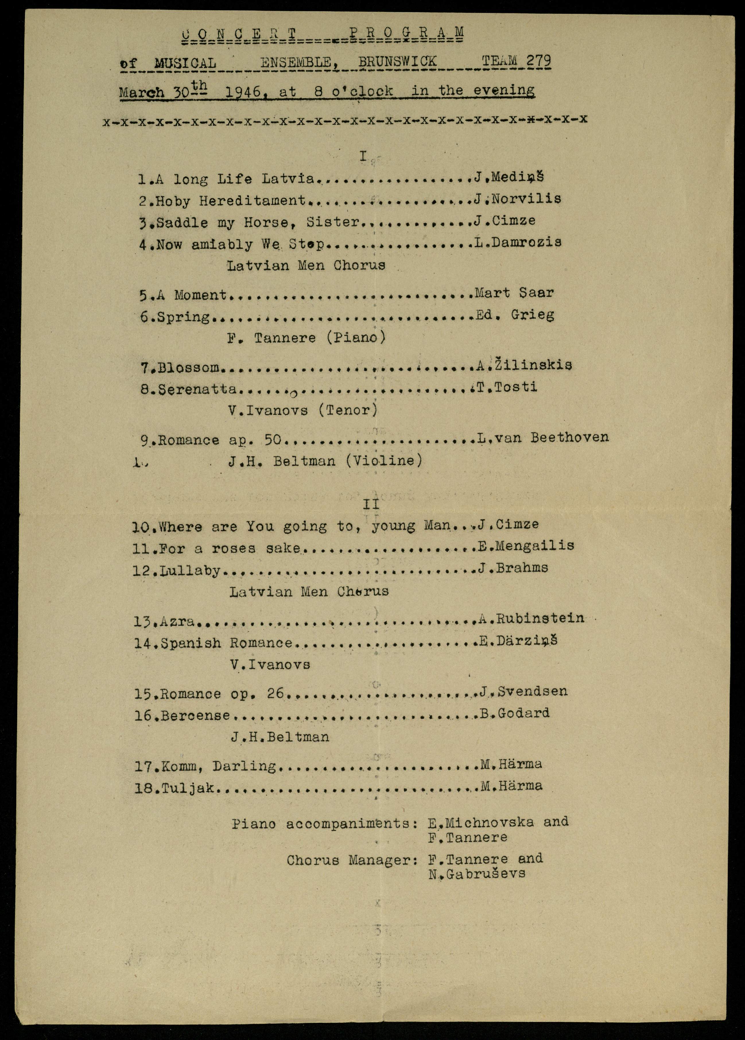 Concert program of musical ensemble, Brunswick team 279 March 30th 1946