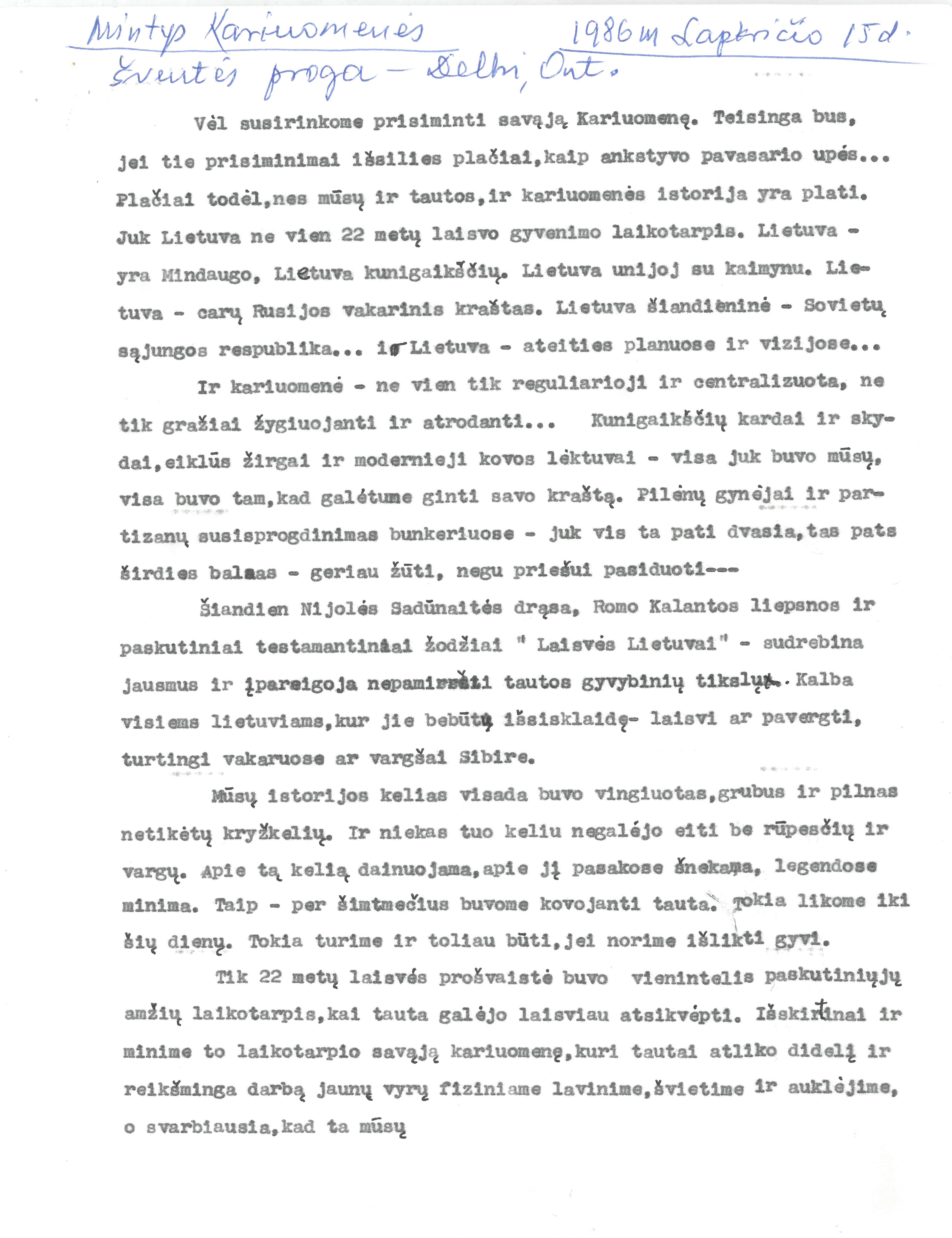 Rašytojo, savaitraščio „Tėviškės Žiburiai“ redaktoriaus Česlovo Senkevičiaus paskaitos „Vėl susirinkome prisiminti savąją kariuomenę“ tekstas