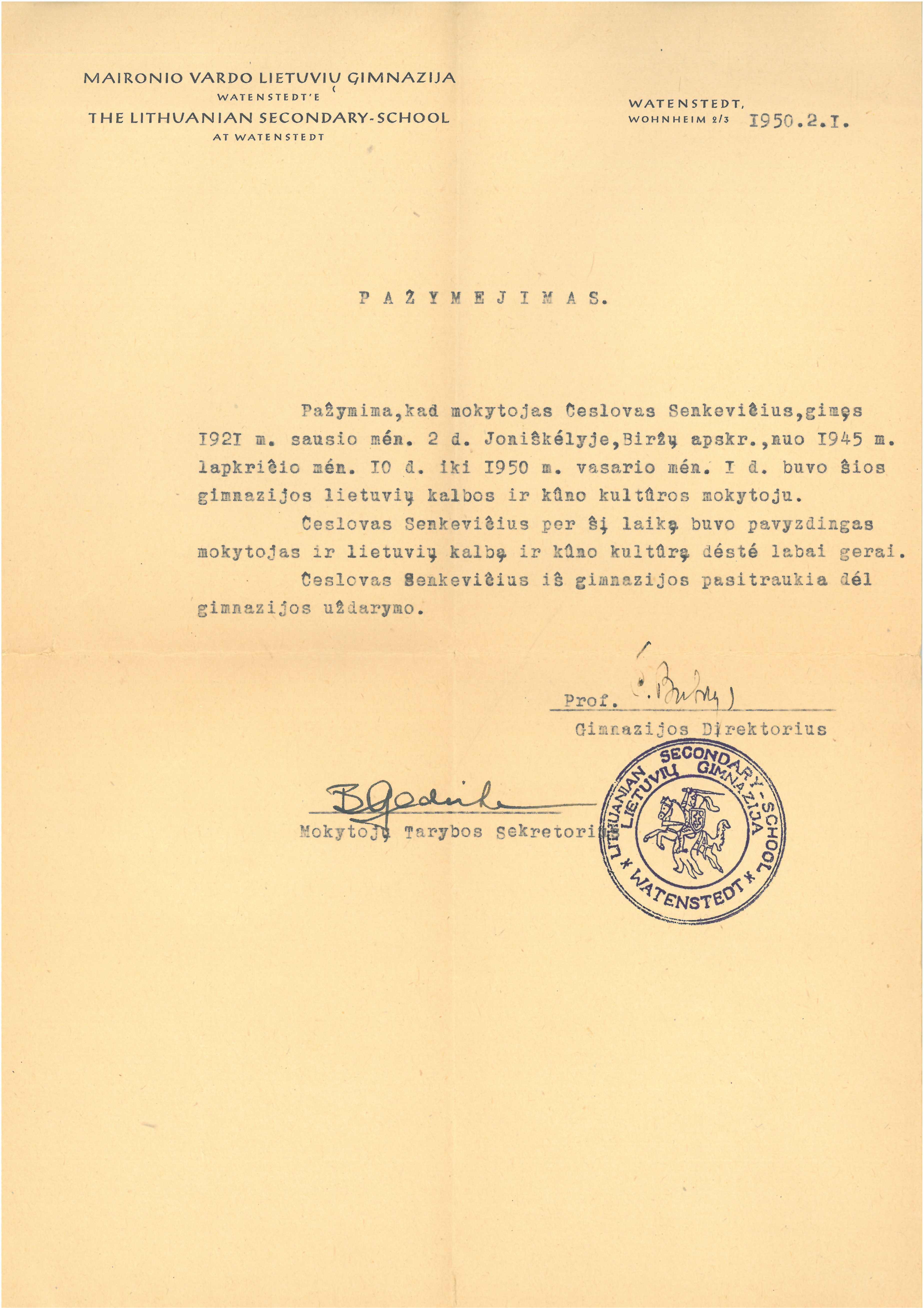 Maironio vardo lietuvių gimnazijos Watenstedtʼe liudijimas, išduotas Česlovui Senkevičiui. 1950 m. vasario 1 d. 