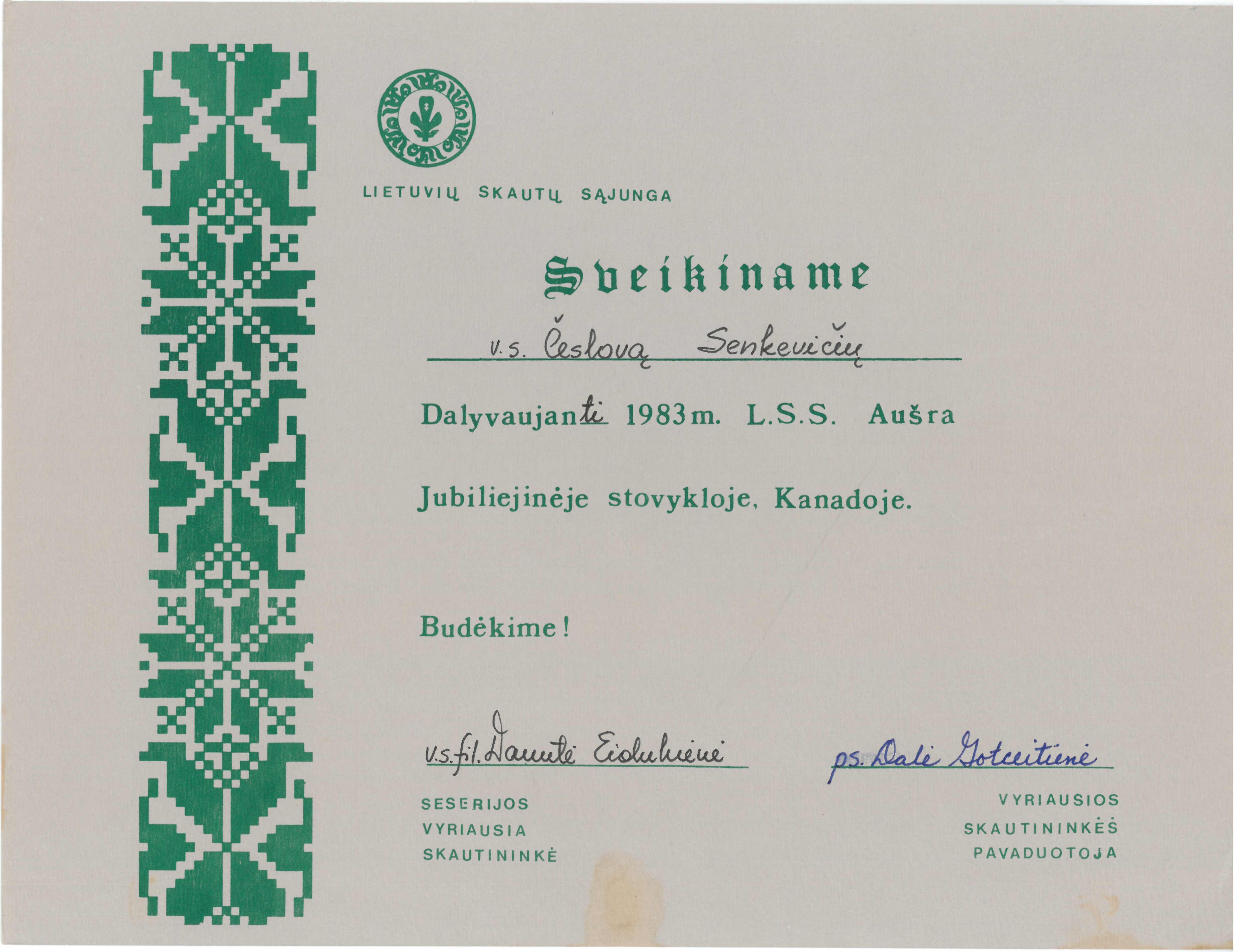 Lietuvių skautų sąjungos sveikinimas Česlovui Senkevičiui, dalyvaujančiam 1983 m. L. S. S. jubiliejinėje stovykloje „Aušra“, Kanadoje