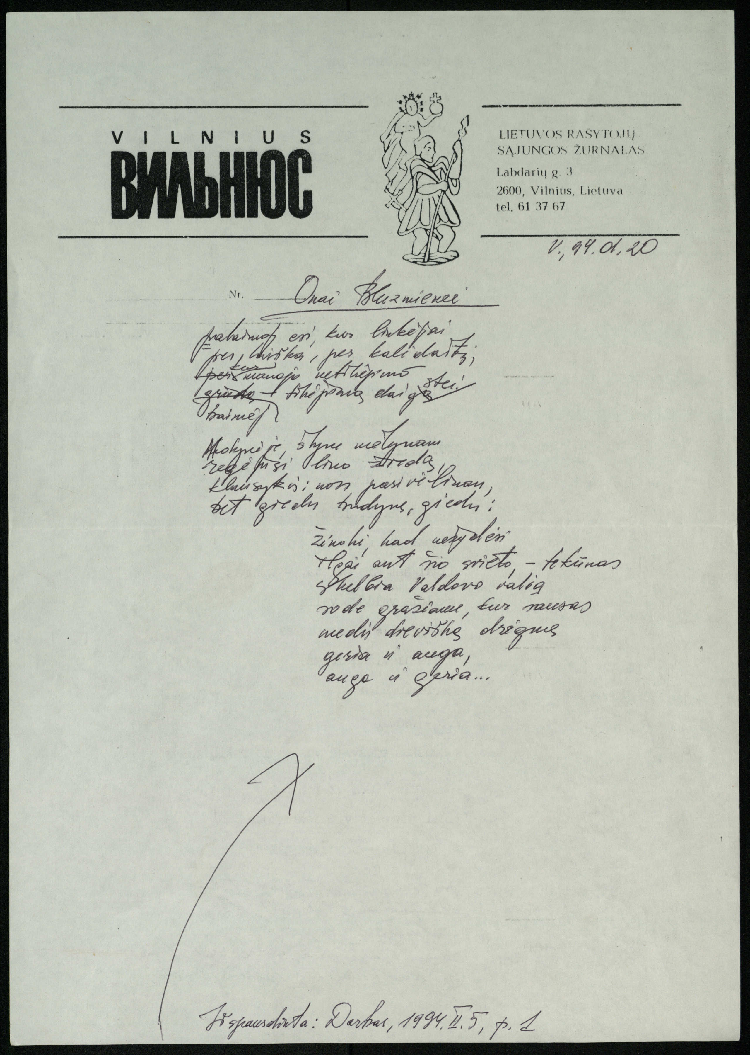 Rankraštis. Vladas Braziūnas. Onai Bluzmienei. 1994 m. 