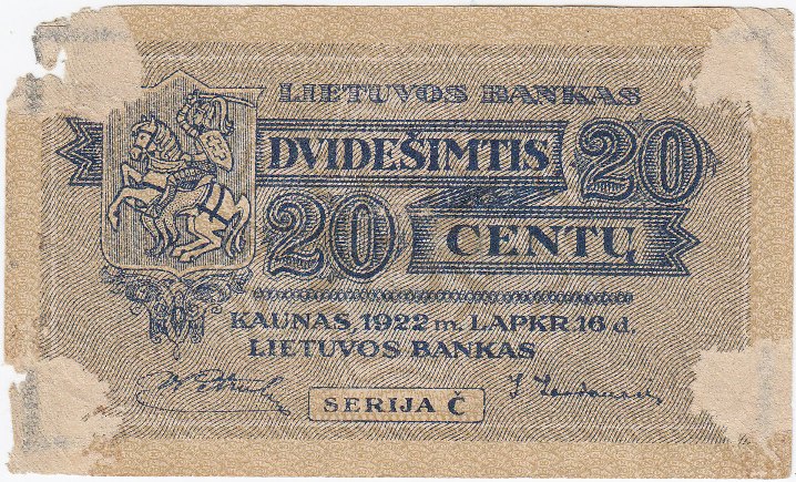 Banknotas. 20 centų. 1922 m. lapkričio 16 d. Lietuva