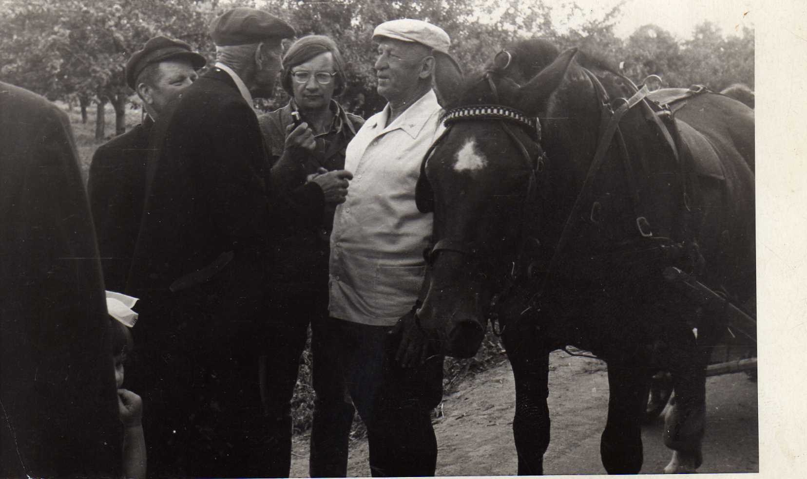 Prof. Petro Vasinausko (stovi prie arklio) sukomplektuota komanda kelionei po Lietuvą. 1975 m. 