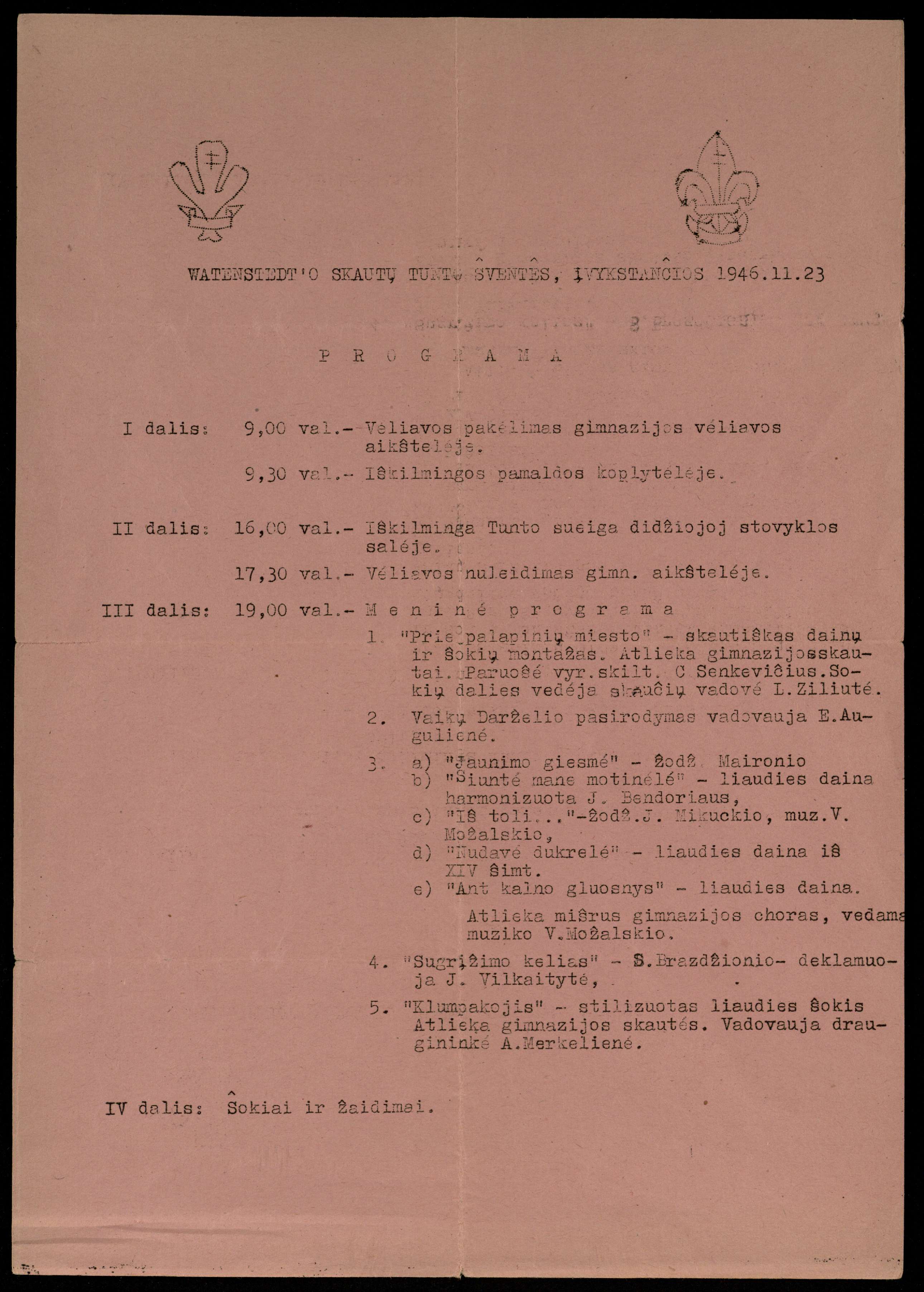 Watenstedt ’o skautų tunto šventės, įvyksiančios 1946.11.23 programa