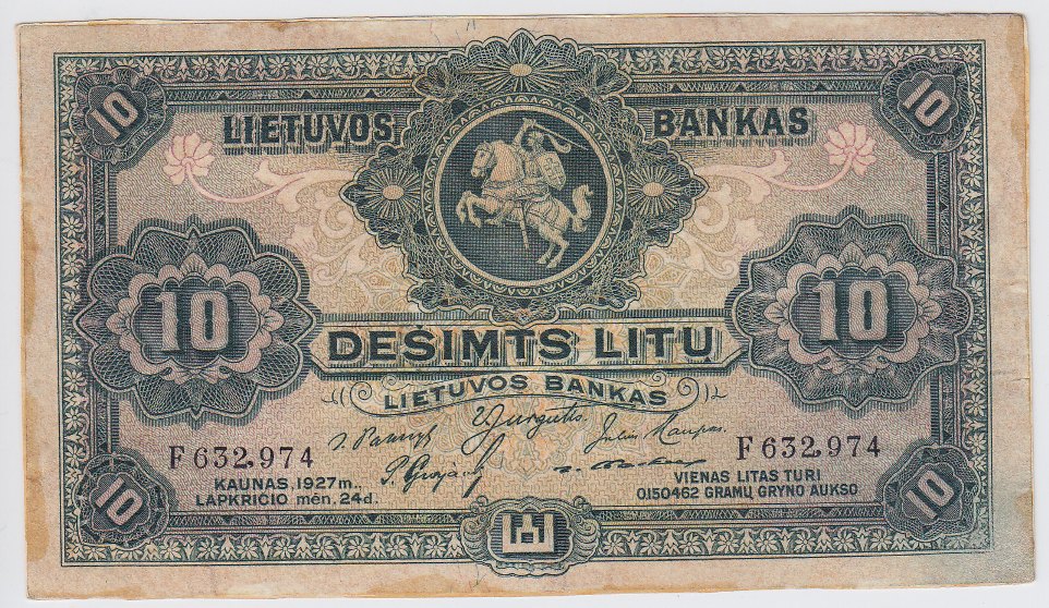 Banknotas. 10 litų. 1927 m. lapkričio 24 d. Lietuva