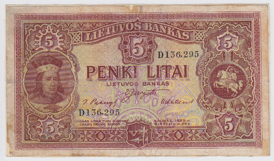Banknotas. 5 litai. 1929 m. birželio 24 d. Lietuva