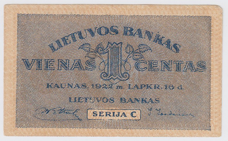 Banknotas. 1 centas. 1922 m. lapkričio 16 d. Lietuva