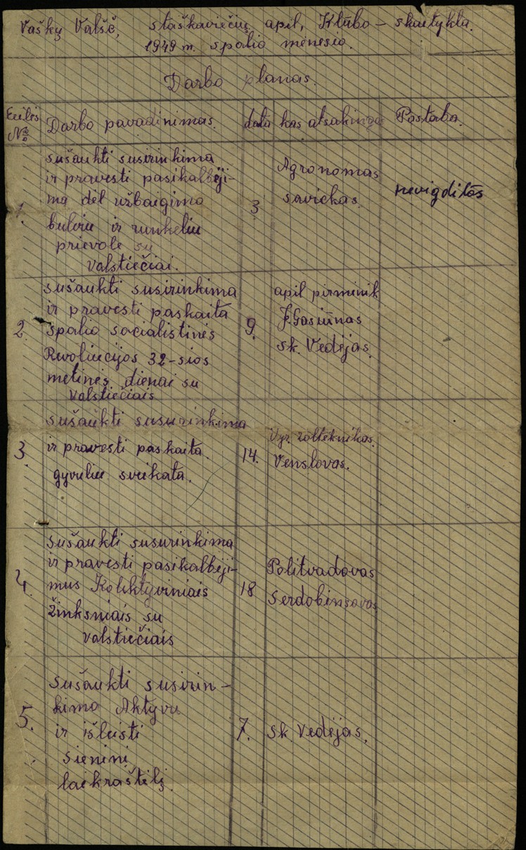 Vaškų vlsč. Staškavičių k. klubo-skaityklos darbo planas, 1949 m. spalio mėn. 