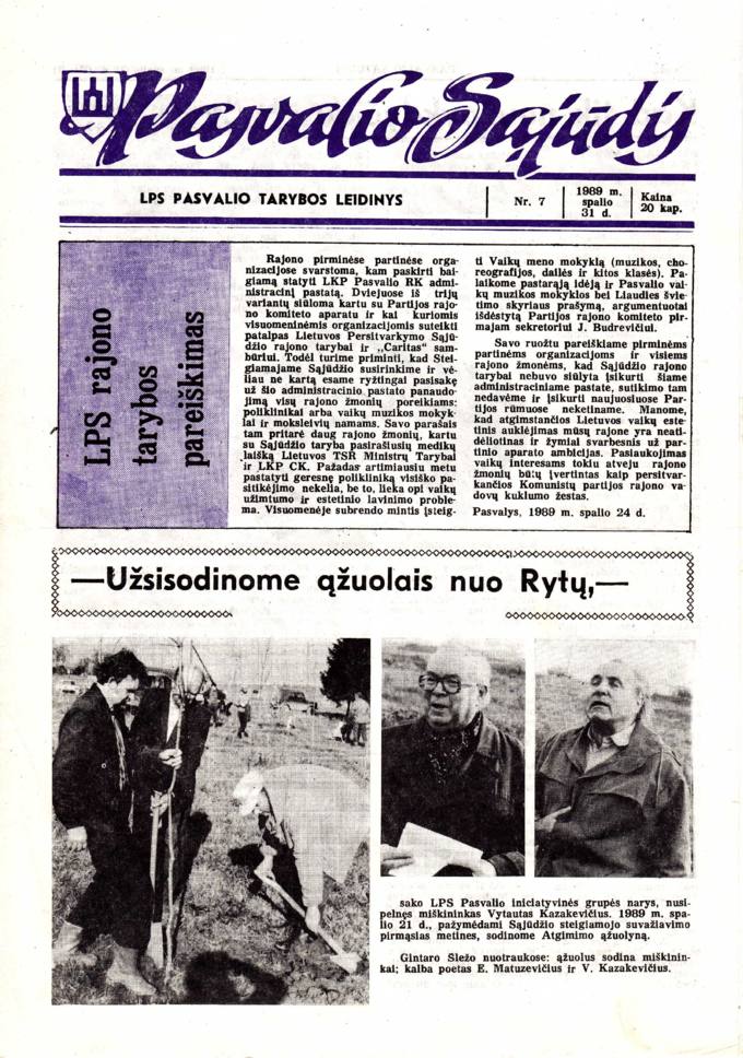 Pasvalio Sąjūdis: LPS Pasvalio Tarybos leidinys. 1989, nr. 7, spalio 31