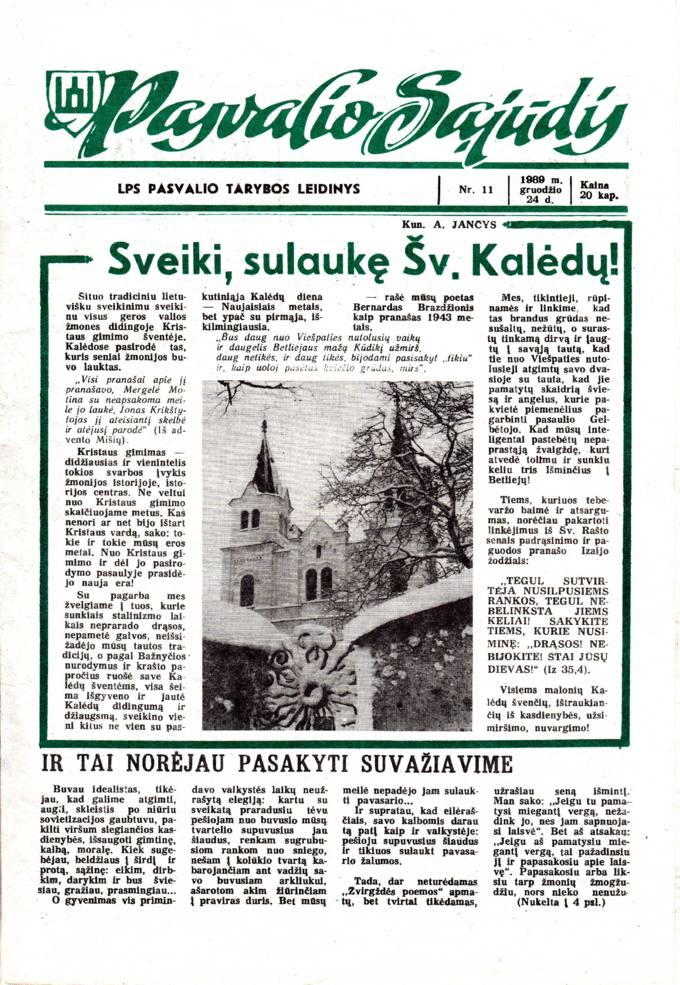 Pasvalio Sąjūdis: LPS Pasvalio Tarybos leidinys. 1989, nr. 11, gruodžio 24