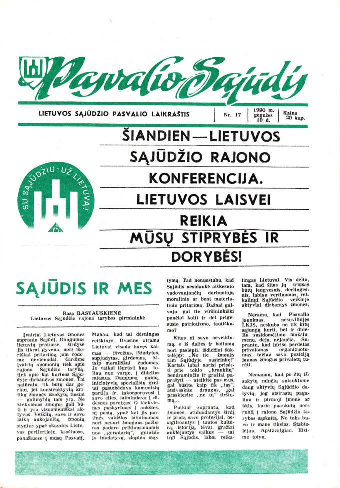 Pasvalio Sąjūdis: Lietuvos Sąjūdžio Pasvalio laikraštis. 1990, nr. 17, gegužės 19 