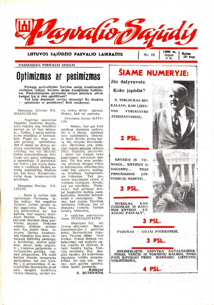 Pasvalio Sąjūdis: Lietuvos Sąjūdžio Pasvalio laikraštis. 1990, nr. 18, liepos 4