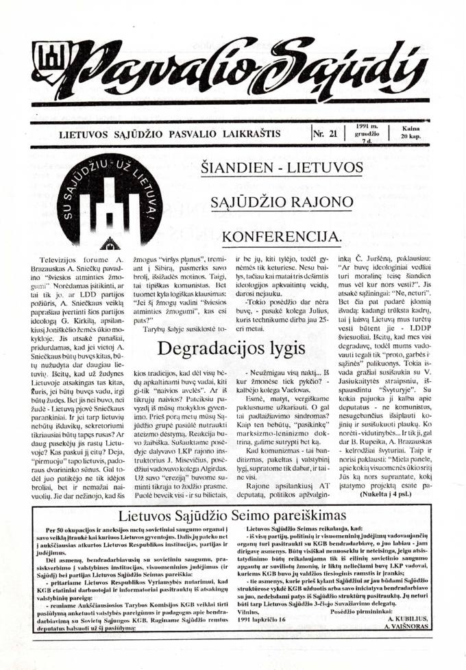 Pasvalio Sąjūdis: Lietuvos Sąjūdžio Pasvalio laikraštis. 1991, nr. 21, gruodžio 7