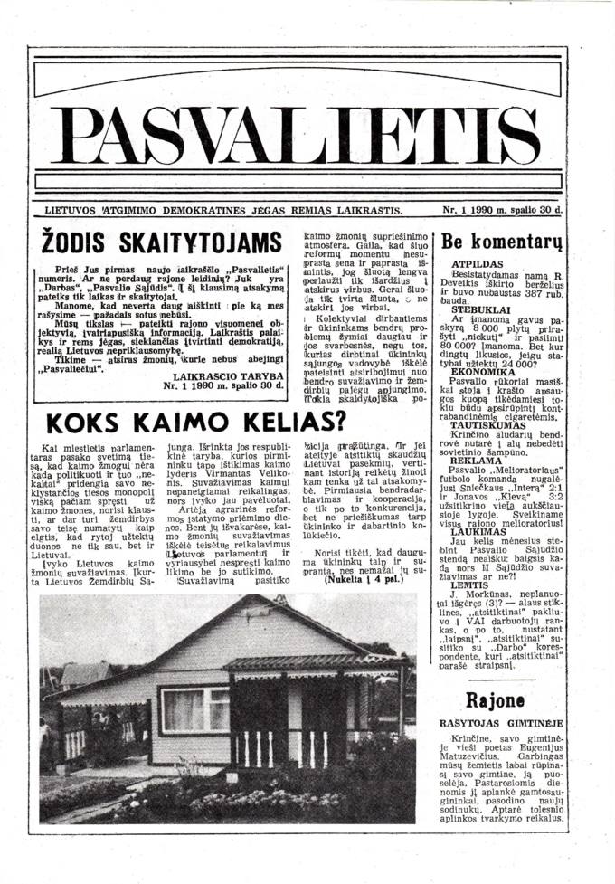 Pasvalietis: Lietuvos atgimimo demokratines jėgas remiąs laikraštis. 1990, nr. 1, spalio 30