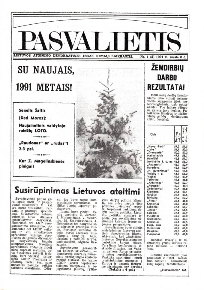 Pasvalietis: Lietuvos atgimimo demokratines jėgas remiąs laikraštis. 1991, nr. 1 (5), sausio 3 