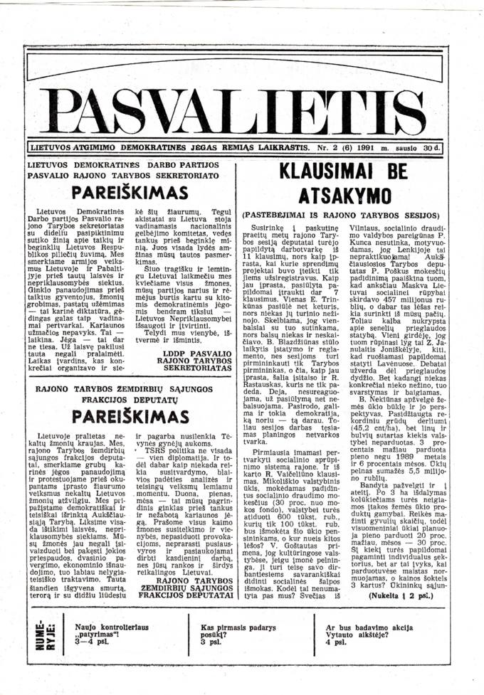 Pasvalietis: Lietuvos atgimimo demokratines jėgas remiąs laikraštis. 1991, nr. 2 (6), sausio 30