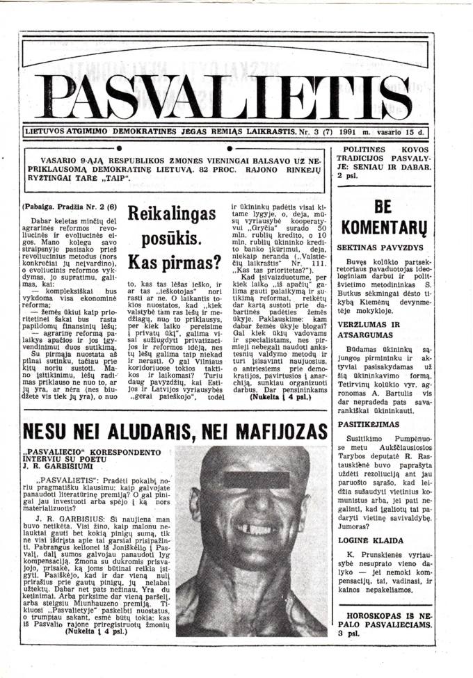 Pasvalietis: Lietuvos atgimimo demokratines jėgas remiąs laikraštis. 1991, nr. 3 (7), vasario 15