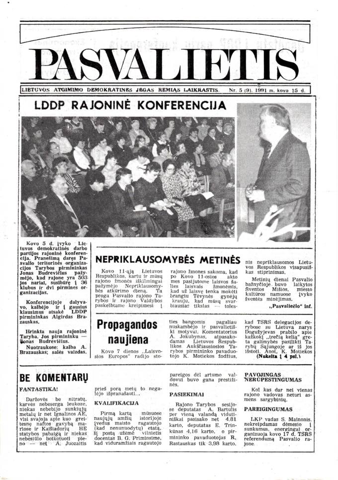 Pasvalietis: Lietuvos atgimimo demokratines jėgas remiąs laikraštis. 1991, nr. 5 (9), kovo 15 