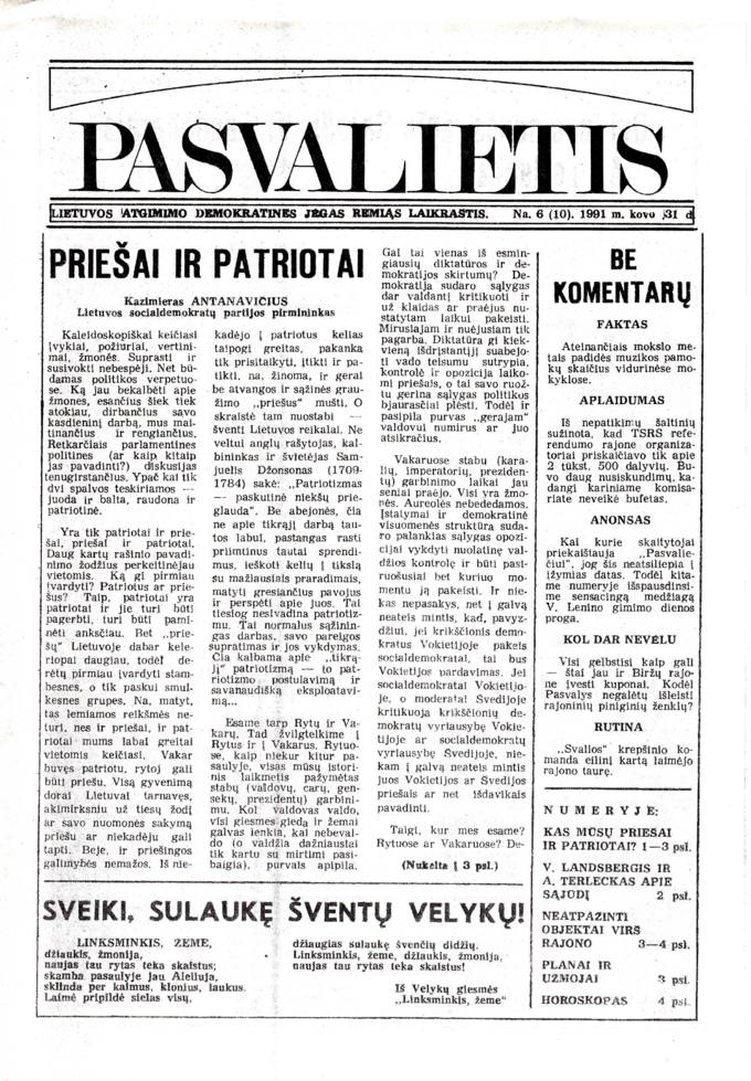 Pasvalietis: Lietuvos atgimimo demokratines jėgas remiąs laikraštis. 1991, nr. 6 (10), kovo 31