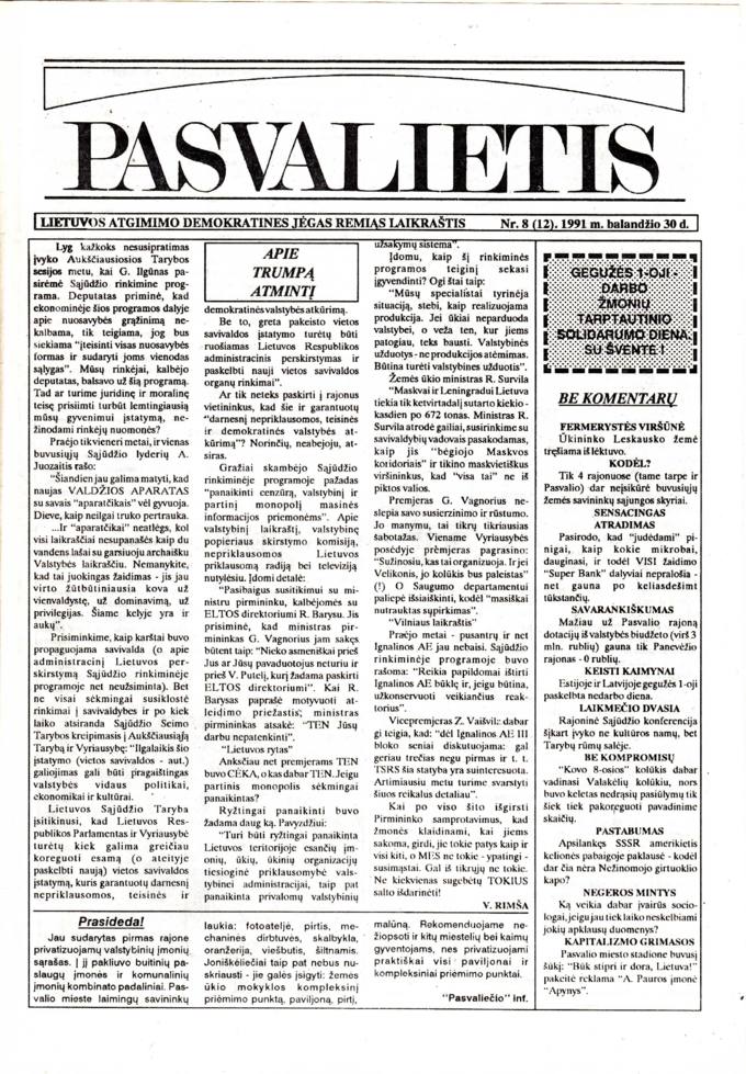 Pasvalietis: Lietuvos atgimimo demokratines jėgas remiąs laikraštis. 1991, nr. 8 (12), balandžio 30