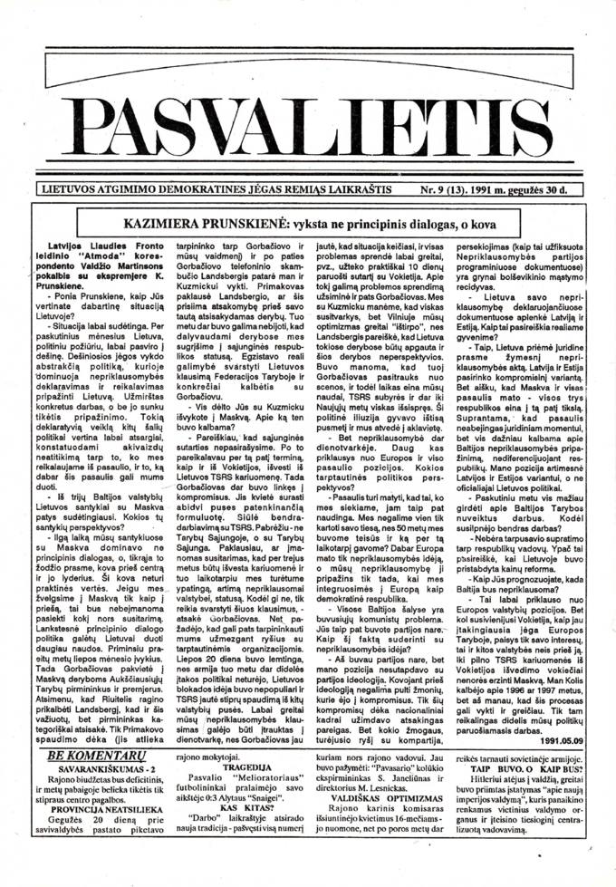 Pasvalietis: Lietuvos atgimimo demokratines jėgas remiąs laikraštis. 1991, nr. 9 (13), gegužės 30