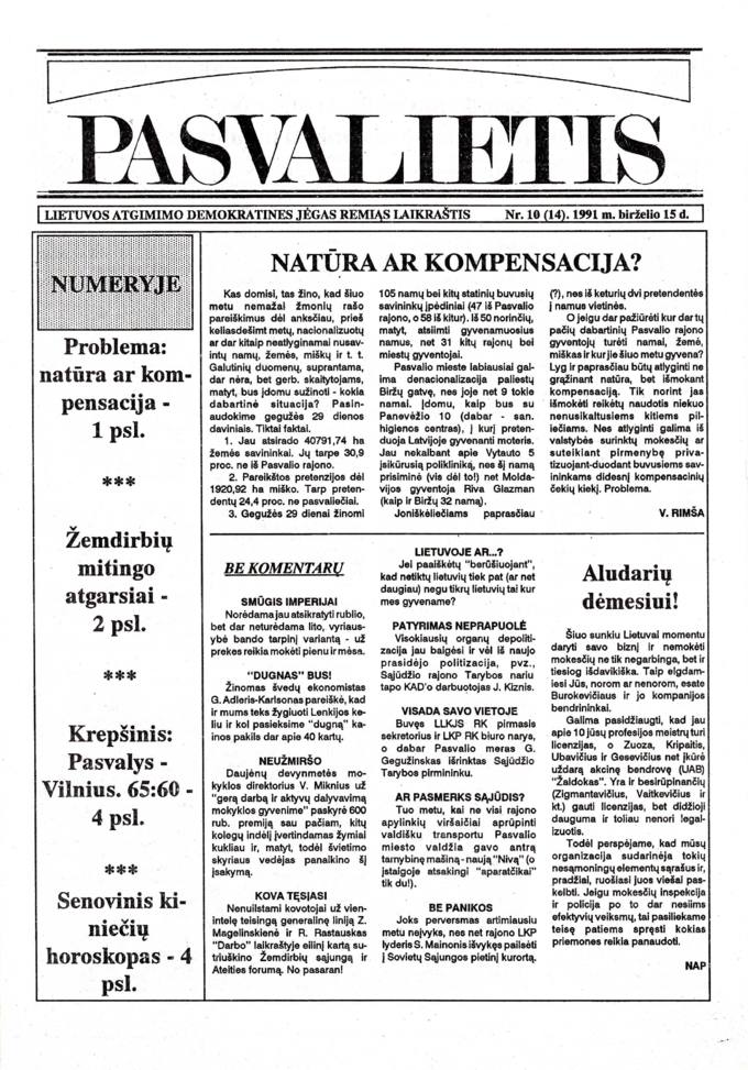 Pasvalietis: Lietuvos atgimimo demokratines jėgas remiąs laikraštis. 1991, nr. 10 (14), birželio 15