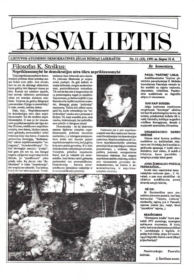 Pasvalietis: Lietuvos atgimimo demokratines jėgas remiąs laikraštis. 1991, nr. 11 (15), liepos 31