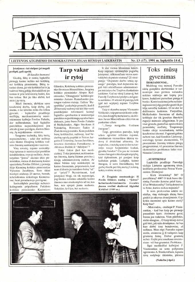 Pasvalietis : Lietuvos atgimimo demokratines jėgas remiąs laikraštis. 1991, nr. 13 (17), lapkričio 14