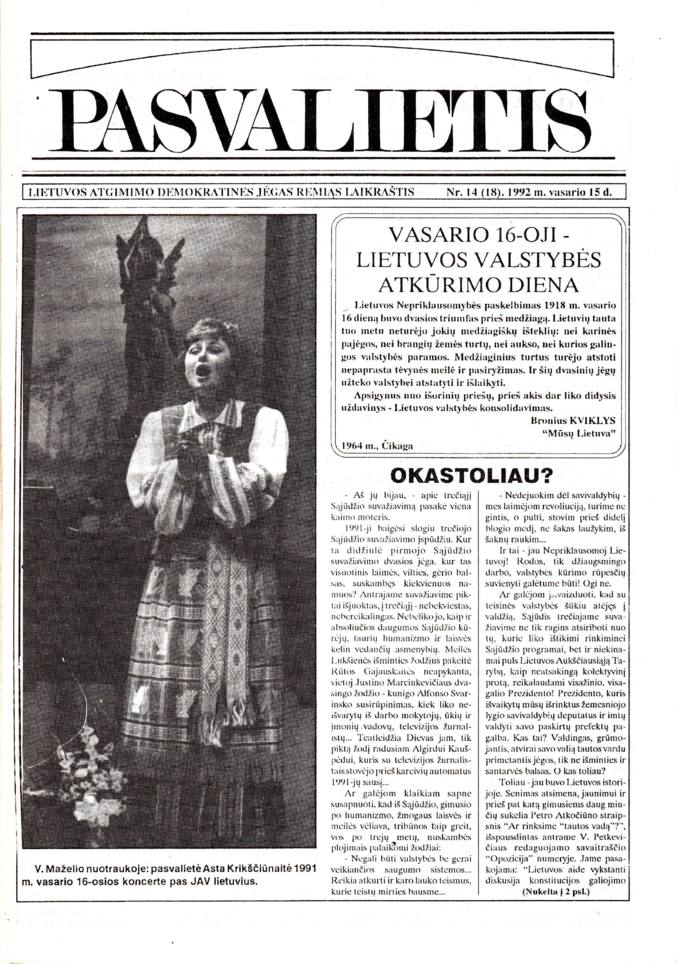 Pasvalietis: Lietuvos atgimimo demokratines jėgas remiąs laikraštis. 1992, nr. 14 (18), vasario 15