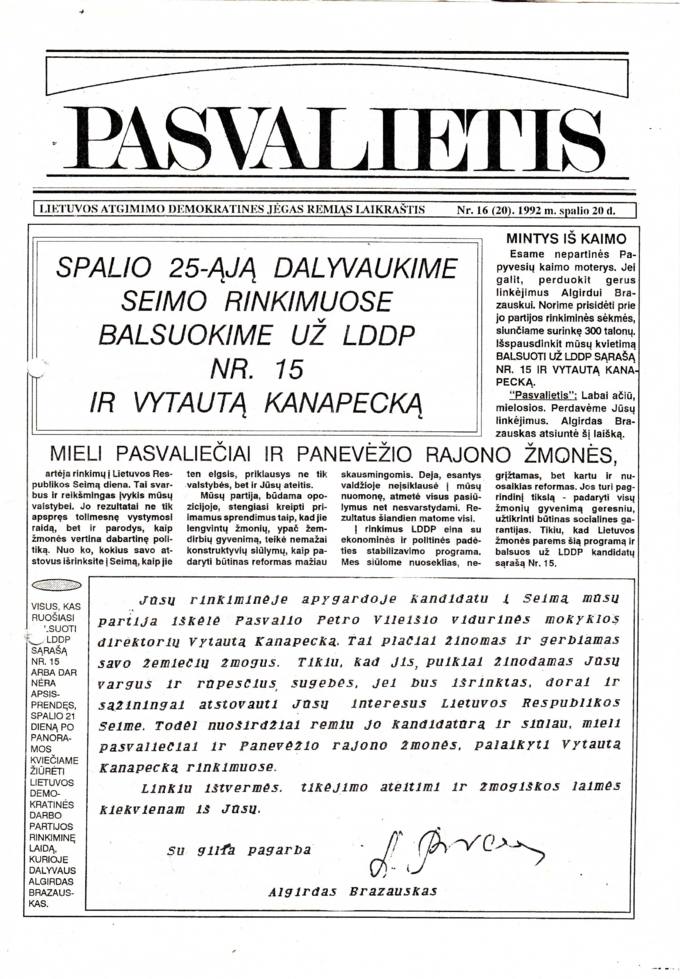 Pasvalietis : Lietuvos atgimimo demokratines jėgas remiąs laikraštis. 1992, nr. 16 (20), spalio 20 