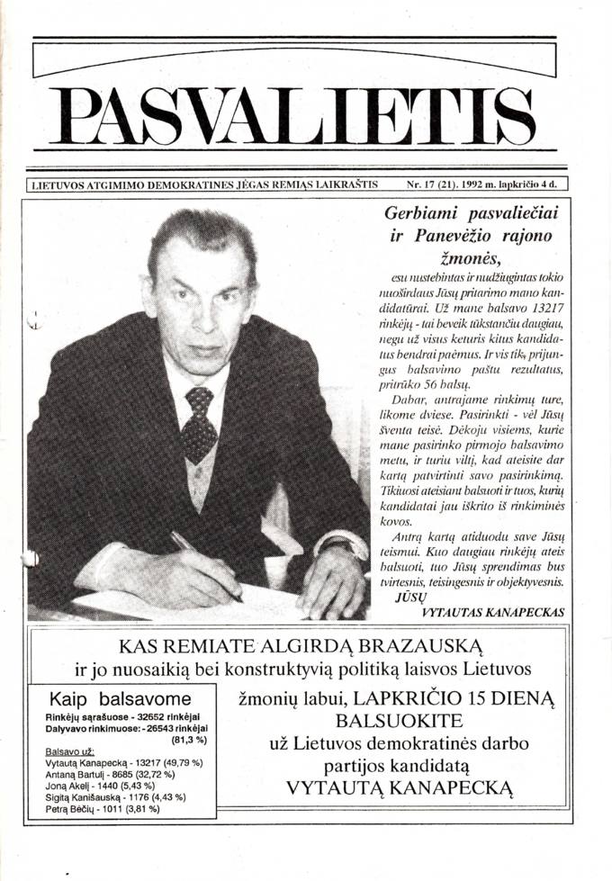 Pasvalietis : Lietuvos atgimimo demokratines jėgas remiąs laikraštis. 1992, nr. 17 (21), lapkričio 4