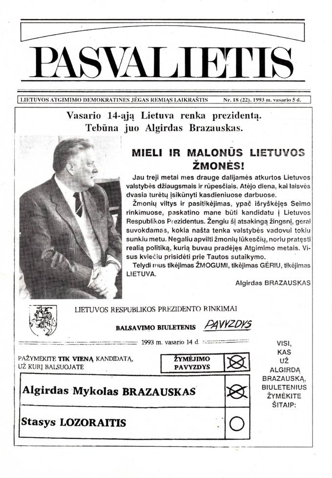 Pasvalietis : Lietuvos atgimimo demokratines jėgas remiąs laikraštis. 1993, nr. 18 (22), vasario 5