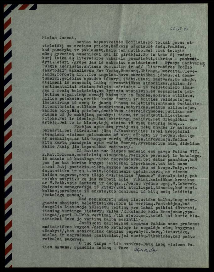 Bernardo Brazdžionio 1968 m. gruodžio 21 d. laiškas Juozui Poviloniui
