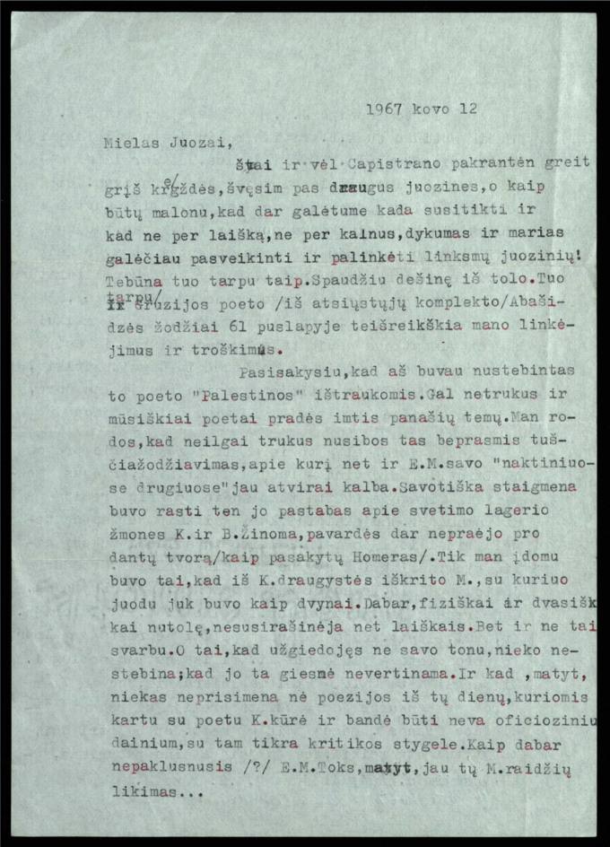 Bernardo Brazdžionio 1967 m. kovo 12 d. laiškas Juozui Poviloniui