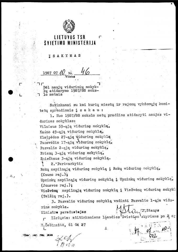 Lietuvos TSR Švietimo ministerijos įsakymas dėl naujų vidurinių mokyklų atidarymo 1987/88 mokslo metais