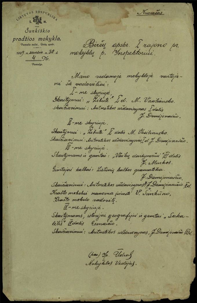 Šunkiškių pradžios mokyklos vedėjo Ipolito Ūdro 1929 metų sausio 30 dienos raštas Biržų apskrities I rajono pradžios mokyklų Inspektoriui