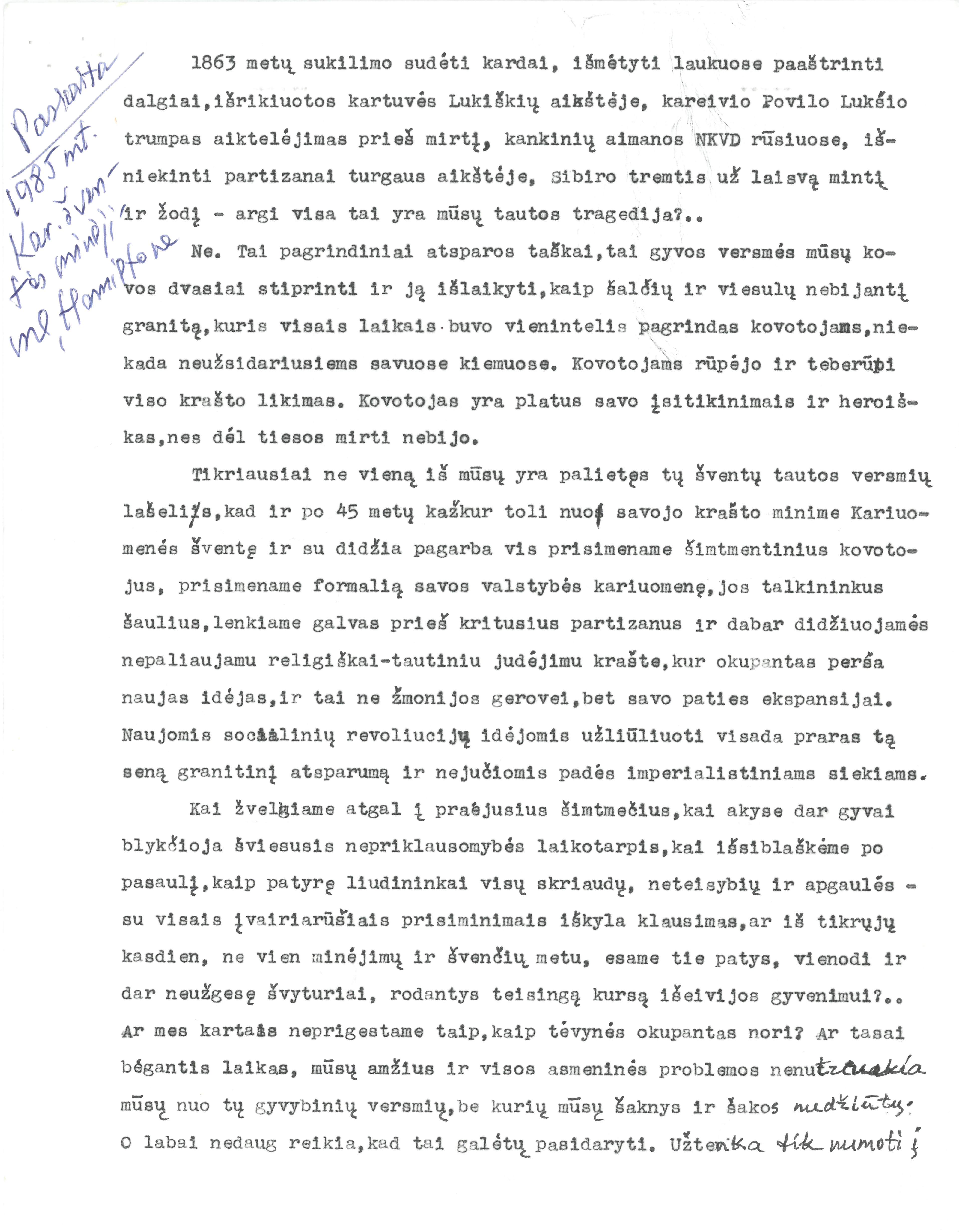 Rašytojo, savaitraščio „Tėviškės Žiburiai“ redaktoriaus Česlovo Senkevičiaus paskaitos „1863 metų sukilimo sudėti kardai“ tekstas 