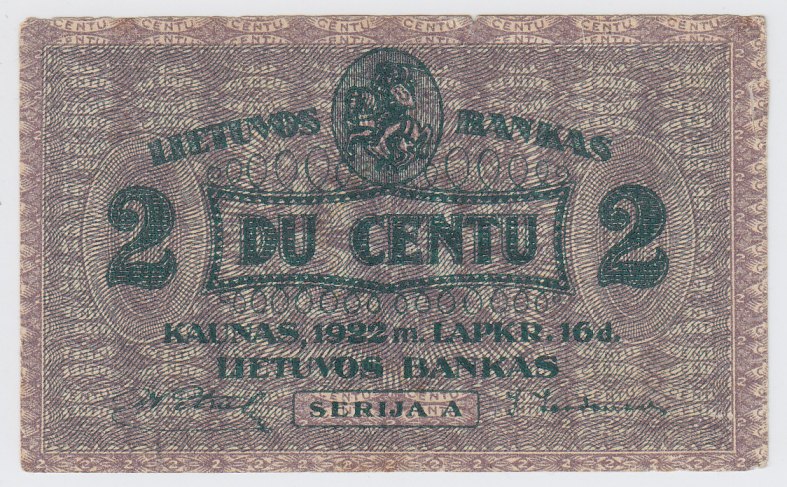 Banknotas. 2 centai. 1922 m. lapkričio 16 d. Lietuva