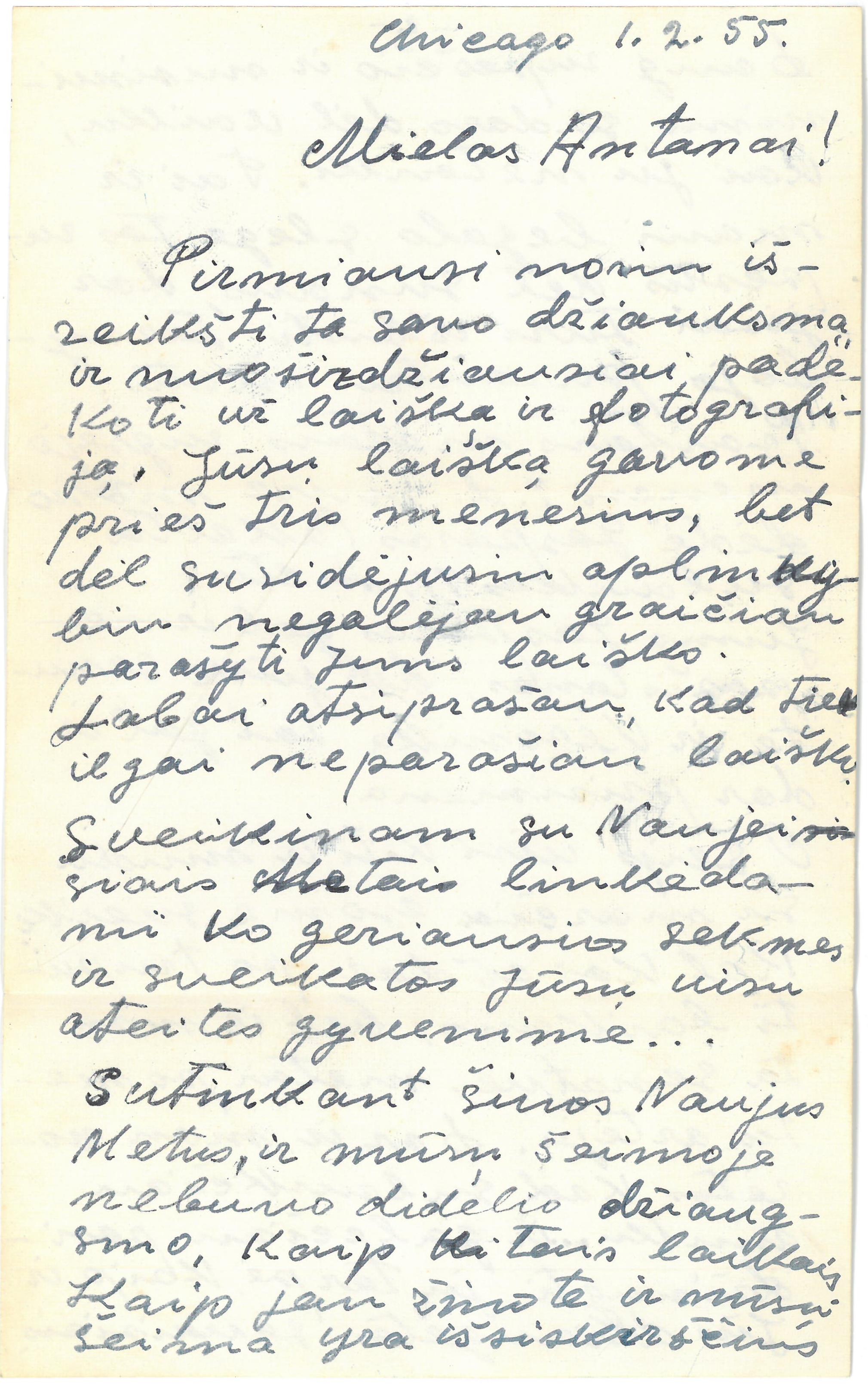 Kazio Balčiūno (slapyv. K. Chesek) laiškas  artimiesiems. 1955 m. vasario 1 d. 