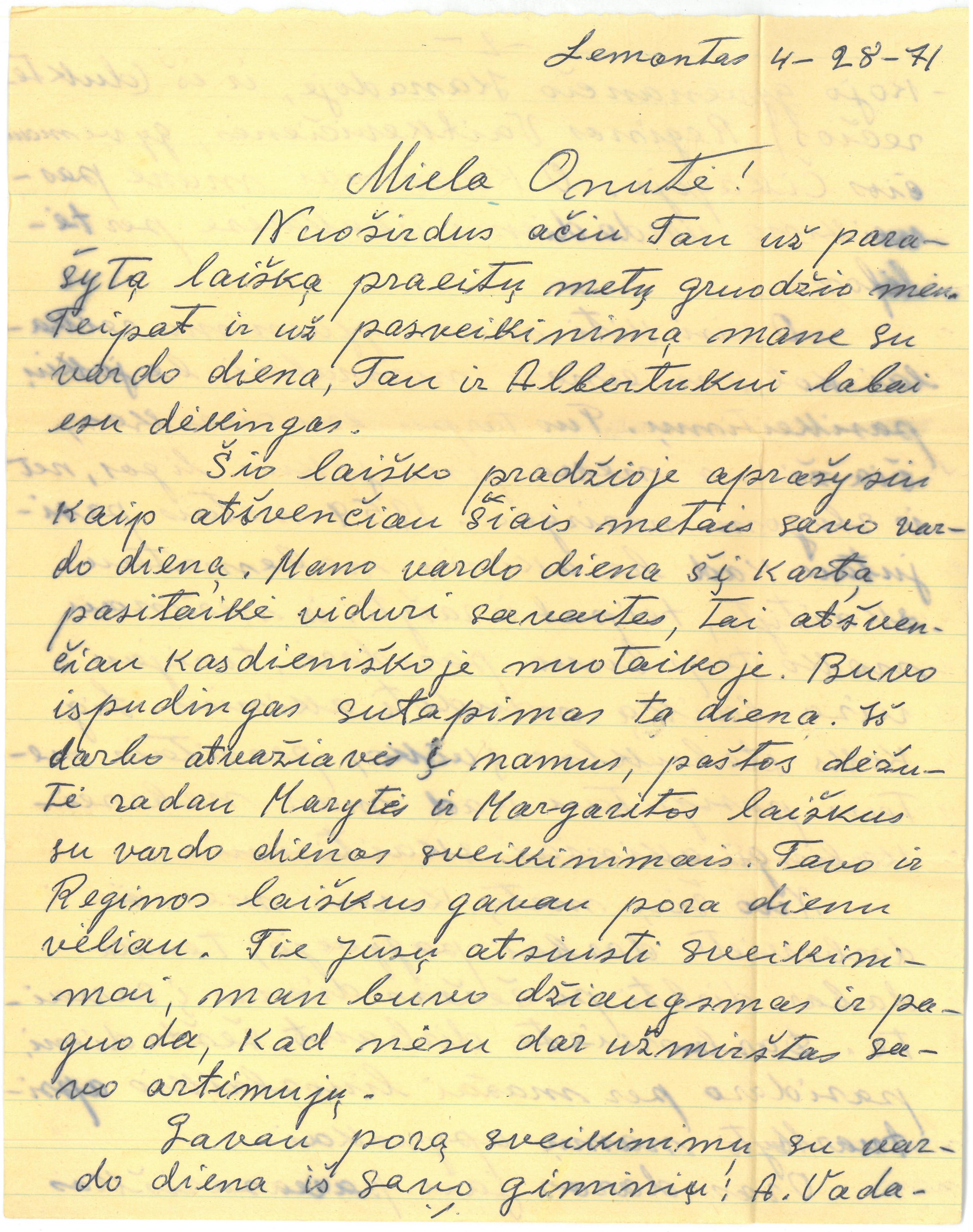 Kazio Balčiūno laiškas žmonai Onai Balčiūnienei. 1971 m. balandžio 28 d. 