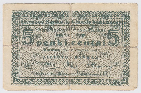 Laikinasis banknotas. 5 centai. 1922 m. rugsėjo 10 d. Lietuva