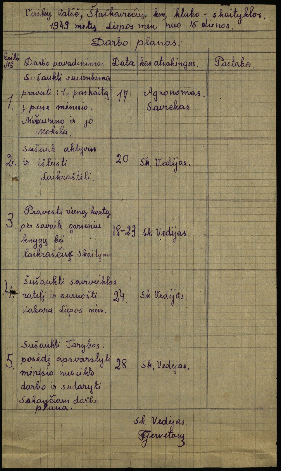 Vaškų vlsč. Staškavičių k. klubo-skaityklos darbo planas, 1949 m. nuo liepos 15 d.  