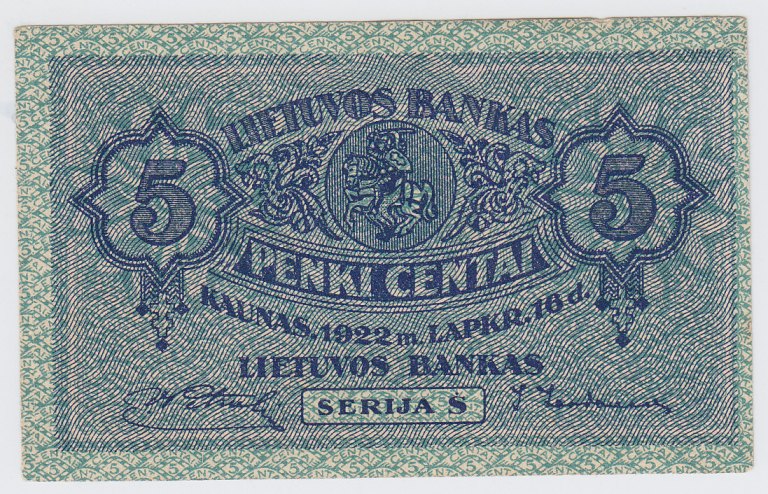 Banknotas. 5 centai. 1922 m. lapkričio 16 d. Lietuva