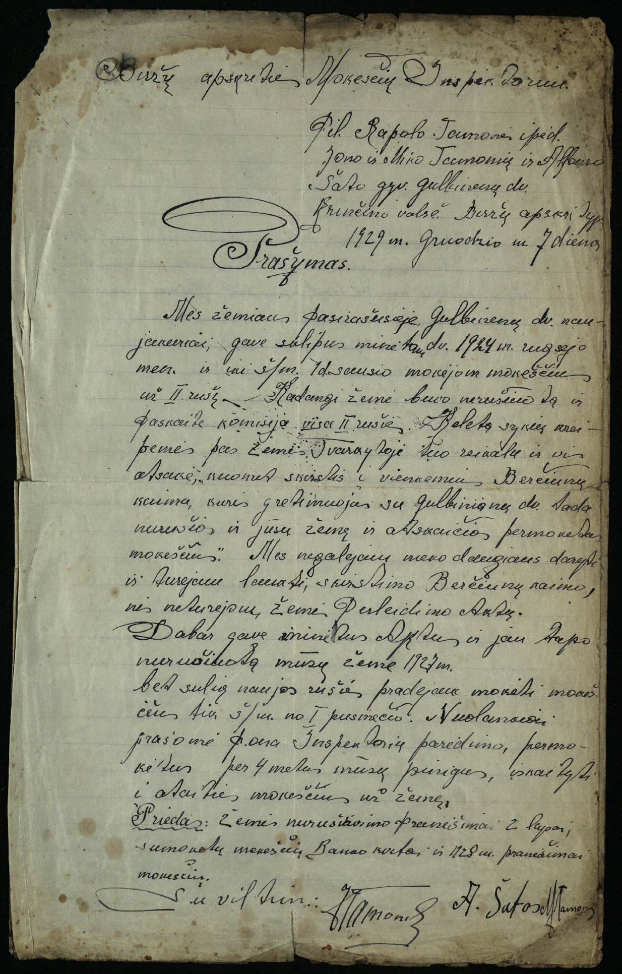 Biržų apskrities Krinčino valsčiaus Gulbinėnų dvaro gyventojų Jono ir Miko Tamonių ir Alfonso Šato prašymas Biržų apskrities mokesčių inspektoriui, 1929 m.