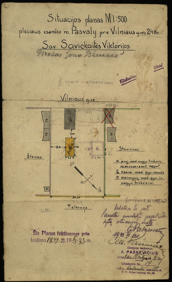 Viktorijos Savickaitės žemės sklypo, esančio Pasvalyje, Vilniaus g. 24, situacijos planas. 1933 m. 