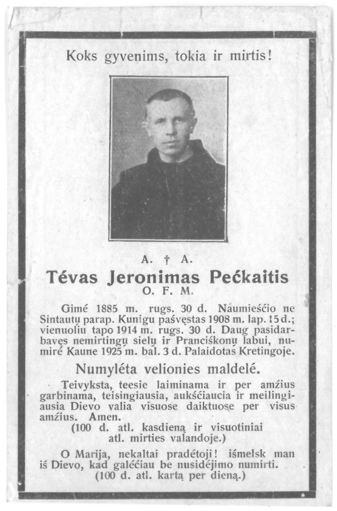 Religinis paveikslėlis. Kunigo Jeronimo Pečkaičio (1885–1925) nekrologas ir malda