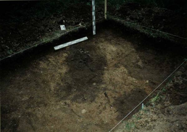 Norelių kapinynas. Perkasa I. Šiaurės vakarų dalies vaizdas iš pietryčių pusės (matyti kapo nr. 2 duobės kontūrai): [nuotrauka] // Tebelškis P. Norelių kapinynas: IP 2399/A (Pasvalio r.) 1997 m. žvalgomųjų archeologinių tyrimų ataskaita. – Vilnius, 1997.